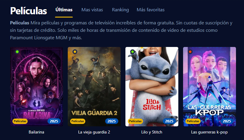 Visualización de la interfaz de Pepelisplus mostrando películas y series organizadas por categorías